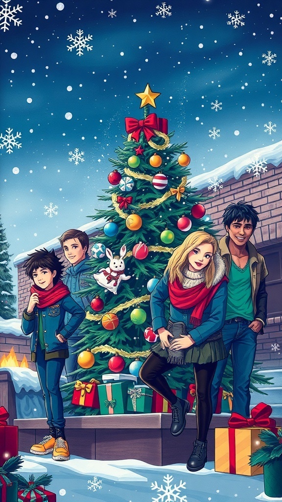 Teen Wolf characters in a Christmas setting with holiday decorations and snowflakes.